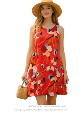 Artsy Linen Floral Shift Dress Red Cottagecore Boutique 2X